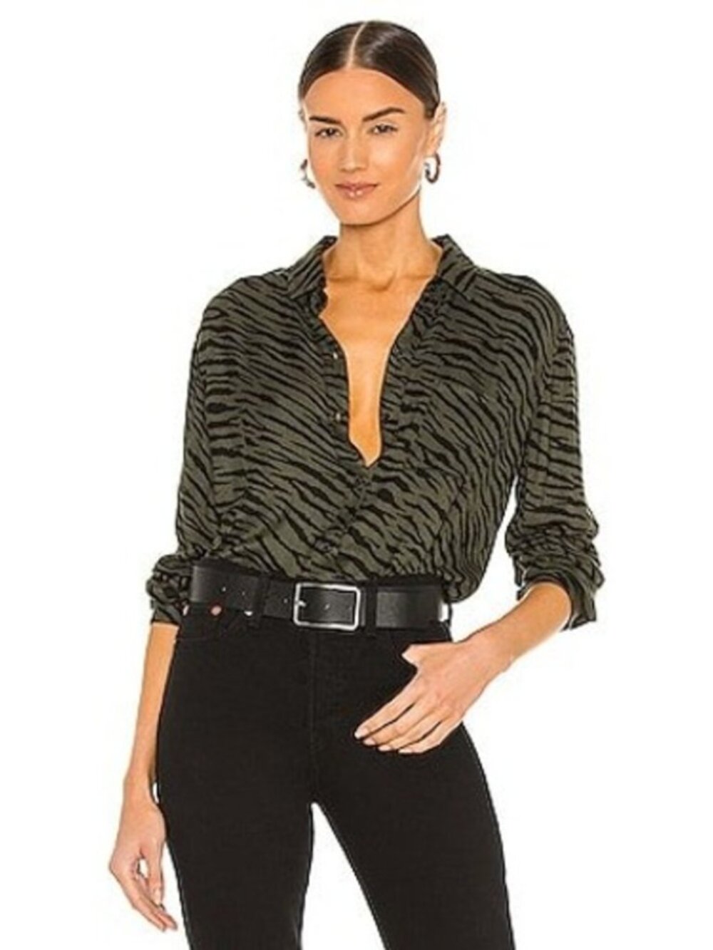 RAILS Hunter Tiger Zebra Print Olive Green Button Up Long Sleeve Revolve Sz: XS